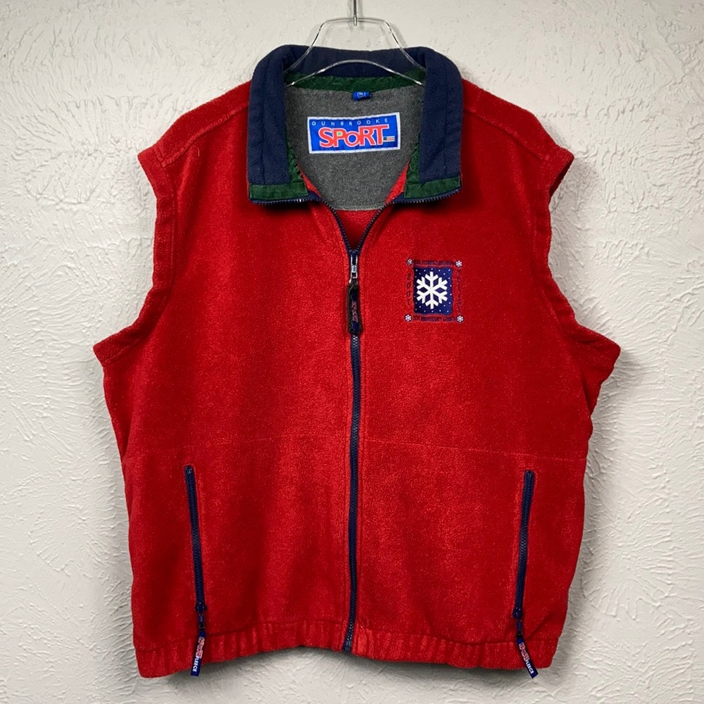 Vintage Dunbrooke Sport Red & Navy Blue Fleece Snowflake Zip Up Vest Siz…